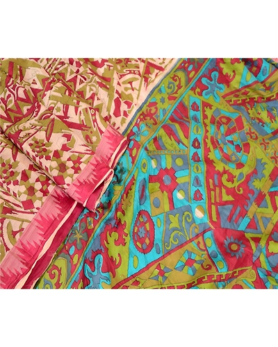 Sanskriti Vintage Dark Red Pure Silk Sarees Printed Sari Floral 5Yd Craft Fabric, PR-57599-Dark Red-Printed Floral Design-Pure Silk-1