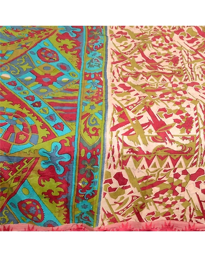 Sanskriti Vintage Dark Red Pure Silk Sarees Printed Sari Floral 5Yd Craft Fabric, PR-57599-Dark Red-Printed Floral Design-Pure Silk-3
