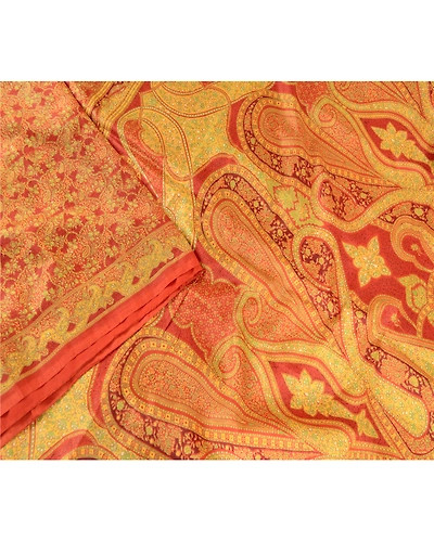 Sanskriti Vintage Orange Pure Silk Sarees Printed Sari Sewing 5Yd Craft Fabric, PR-57608-Orange-Printed Floral Design-Pure Silk-2