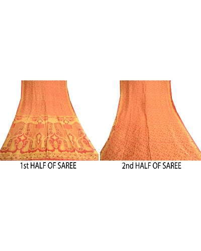 Sanskriti Vintage Orange Pure Silk Sarees Printed Sari Sewing 5Yd Craft Fabric, PR-57608-Orange-Printed Floral Design-Pure Silk-4