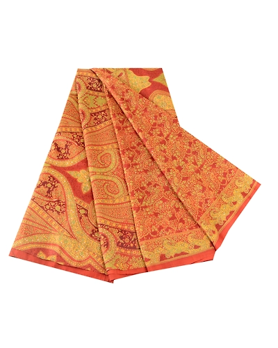 Sanskriti Vintage Orange Pure Silk Sarees Printed Sari Sewing 5Yd Craft Fabric, PR-57608-Orange-Printed Floral Design-Pure Silk-6