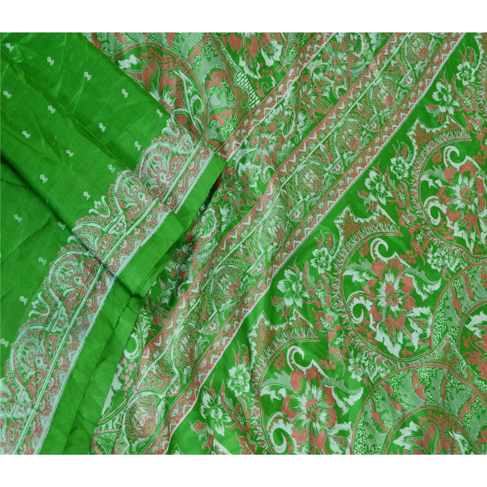 Sanskriti Vintage Green Pure Silk Indian Sarees Printed Sari Soft Craft Fabric, PR-57636-Green-Printed Floral Design-Pure Silk-1