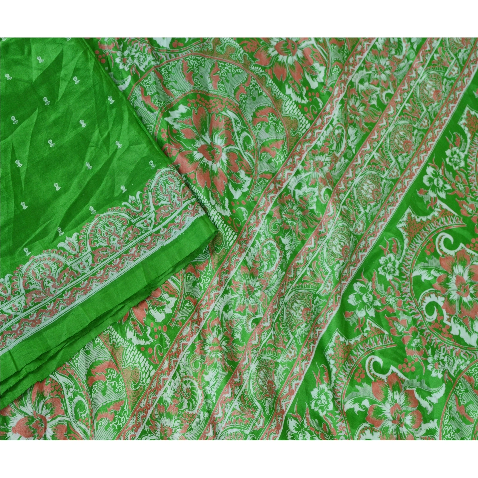 Sanskriti Vintage Green Pure Silk Indian Sarees Printed Sari Soft Craft Fabric, PR-57636-Green-Printed Floral Design-Pure Silk-2