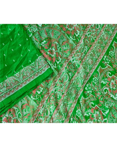 Sanskriti Vintage Green Pure Silk Indian Sarees Printed Sari Soft Craft Fabric, PR-57636-Green-Printed Floral Design-Pure Silk-2