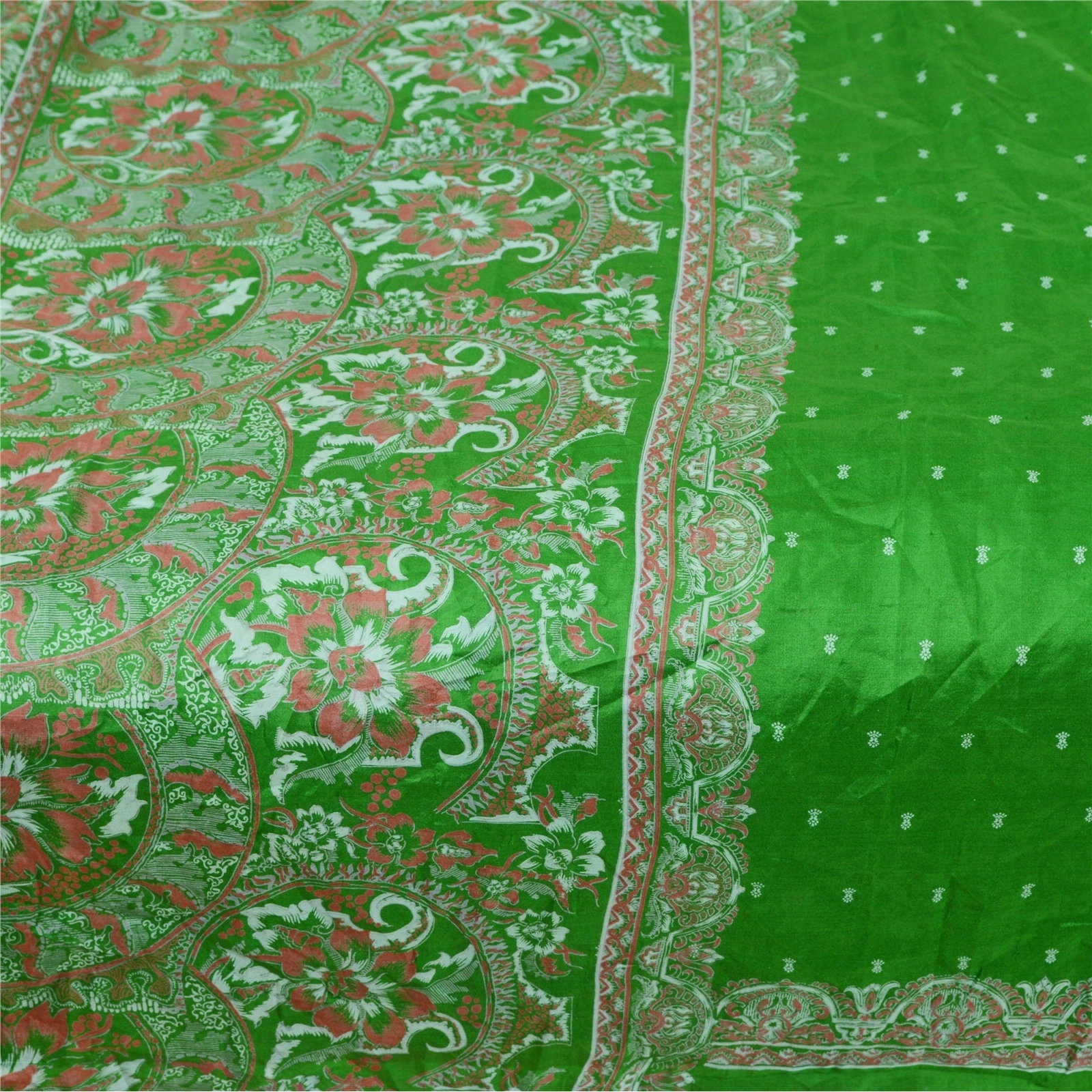 Sanskriti Vintage Green Pure Silk Indian Sarees Printed Sari Soft Craft Fabric, PR-57636-Green-Printed Floral Design-Pure Silk-3