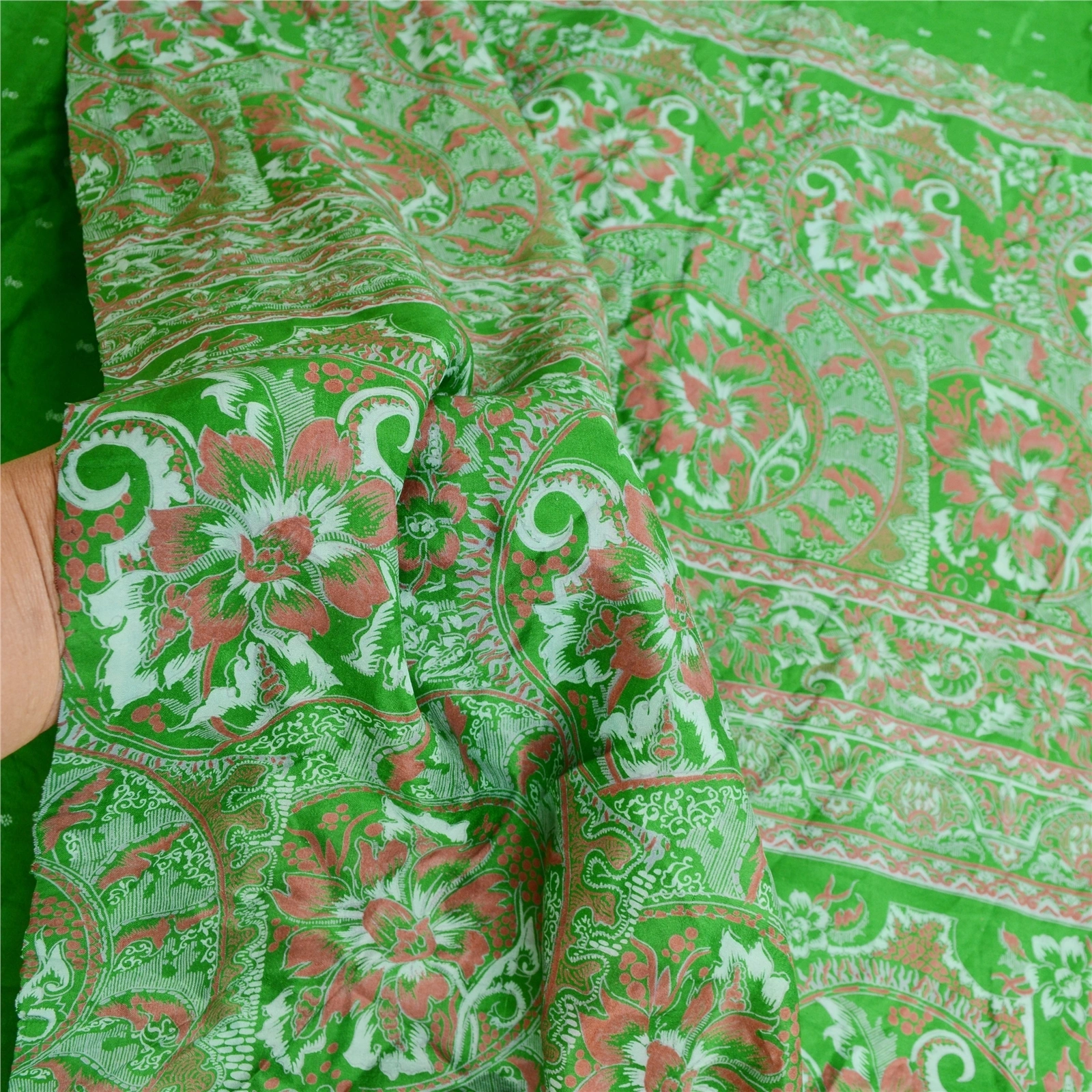 Sanskriti Vintage Green Pure Silk Indian Sarees Printed Sari Soft Craft Fabric, PR-57636-Green-Printed Floral Design-Pure Silk-5