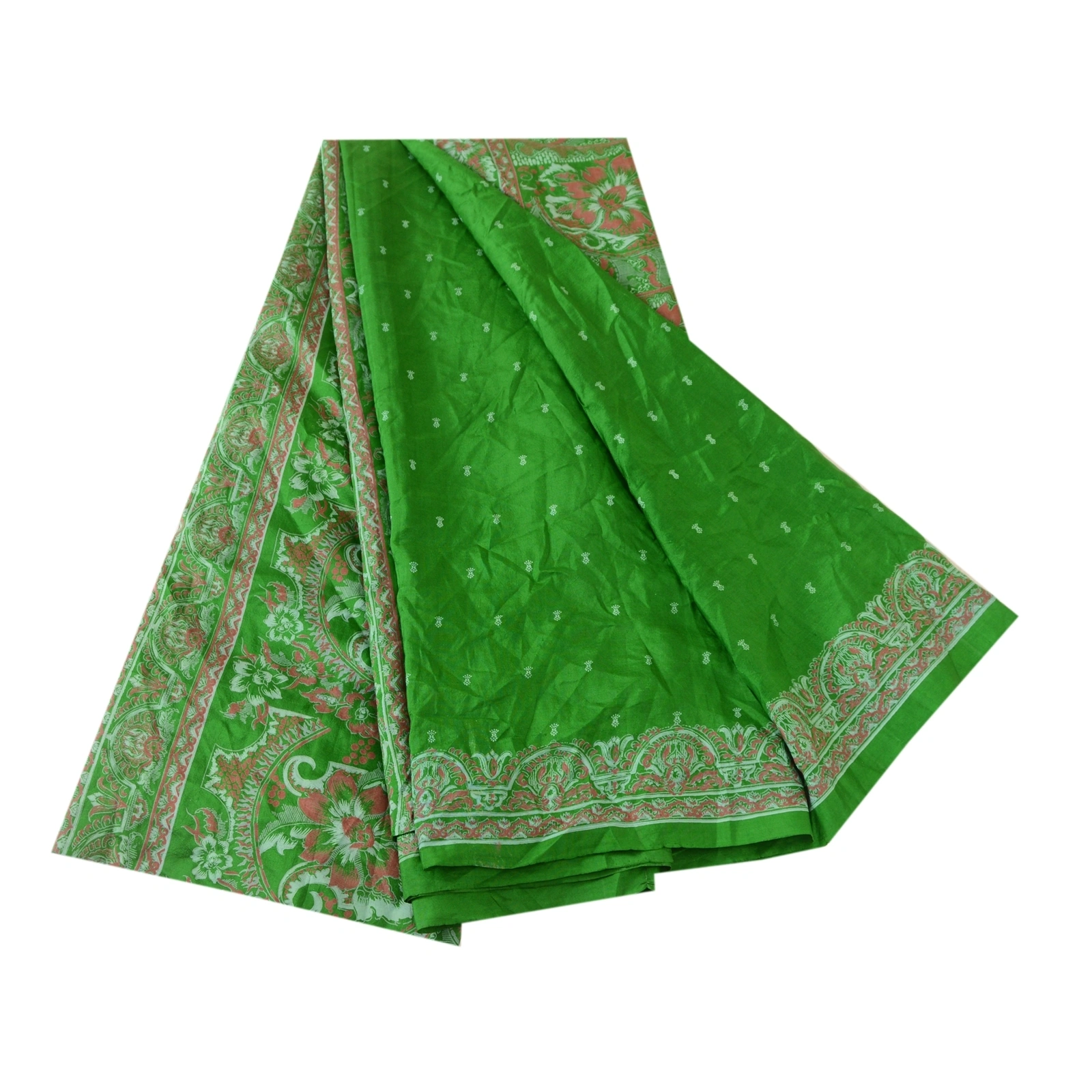 Sanskriti Vintage Green Pure Silk Indian Sarees Printed Sari Soft Craft Fabric, PR-57636-Green-Printed Floral Design-Pure Silk-7