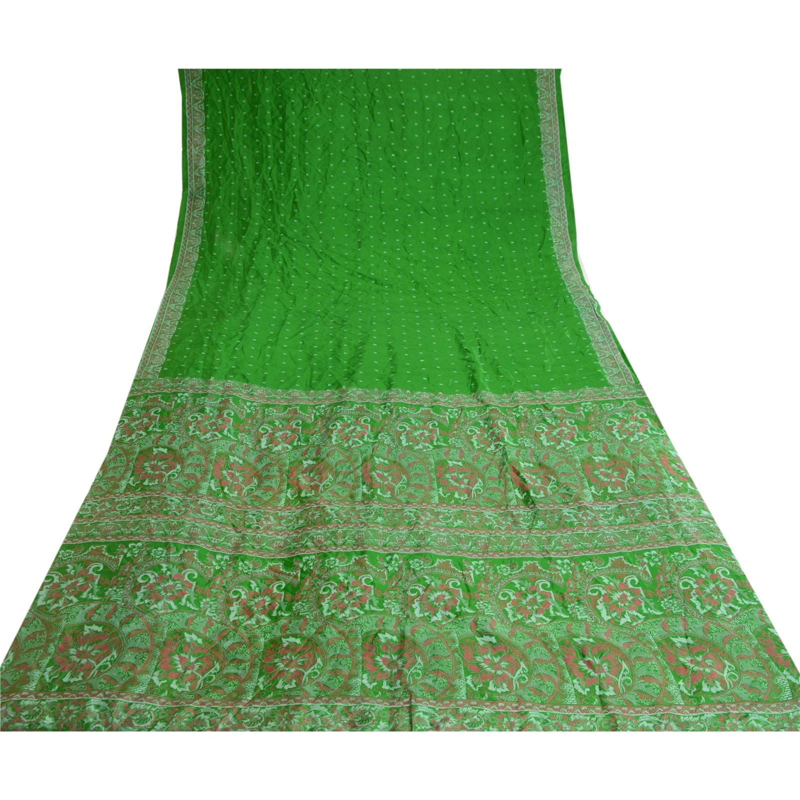 Sanskriti Vintage Green Pure Silk Indian Sarees Printed Sari Soft Craft Fabric, PR-57636-Green-Printed Floral Design-Pure Silk-8