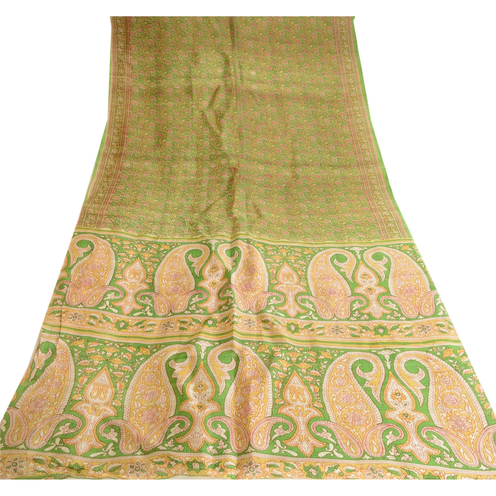 Sanskriti Vintage Green Pure Silk Sarees Printed Sari Soft Floral Craft Fabric, PR-57638-Green-Printed Floral Design-Pure Silk-7