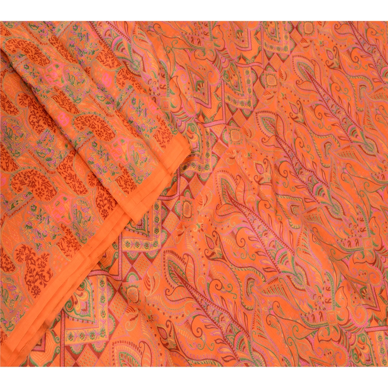 Sanskriti Vintage Orange Indian Sarees Printed Pure Silk Sari 5Yd Craft Fabric, PR-57685-Orange-Printed Floral Design-Pure Silk-1