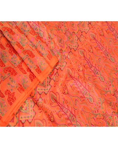 Sanskriti Vintage Orange Indian Sarees Printed Pure Silk Sari 5Yd Craft Fabric, PR-57685-Orange-Printed Floral Design-Pure Silk-1