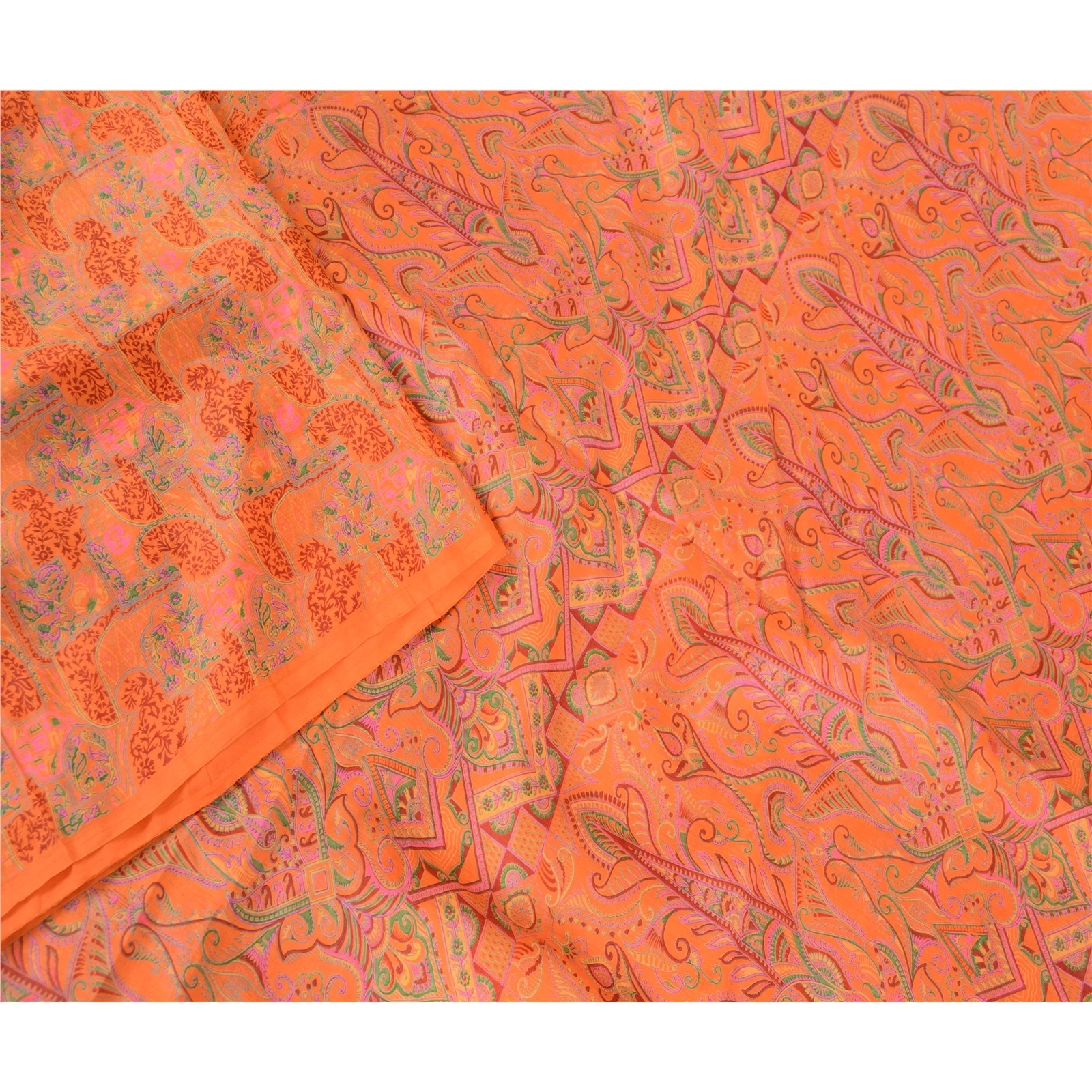 Sanskriti Vintage Orange Indian Sarees Printed Pure Silk Sari 5Yd Craft Fabric, PR-57685-Orange-Printed Floral Design-Pure Silk-2