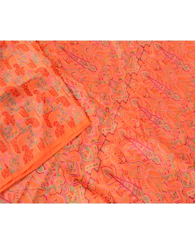 Sanskriti Vintage Orange Indian Sarees Printed Pure Silk Sari 5Yd Craft Fabric, PR-57685-Orange-Printed Floral Design-Pure Silk-2