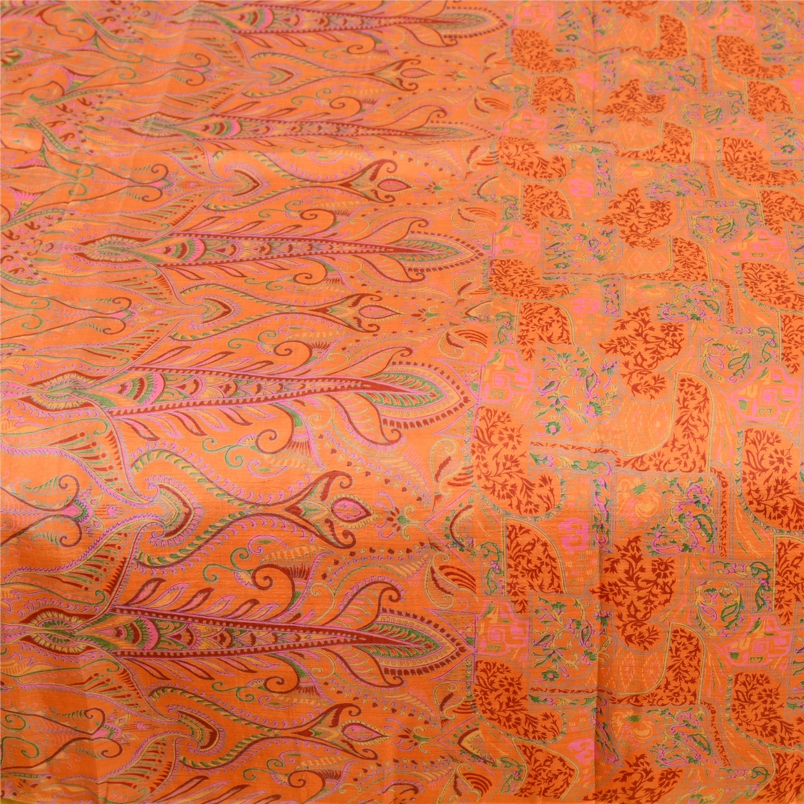 Sanskriti Vintage Orange Indian Sarees Printed Pure Silk Sari 5Yd Craft Fabric, PR-57685-Orange-Printed Floral Design-Pure Silk-3