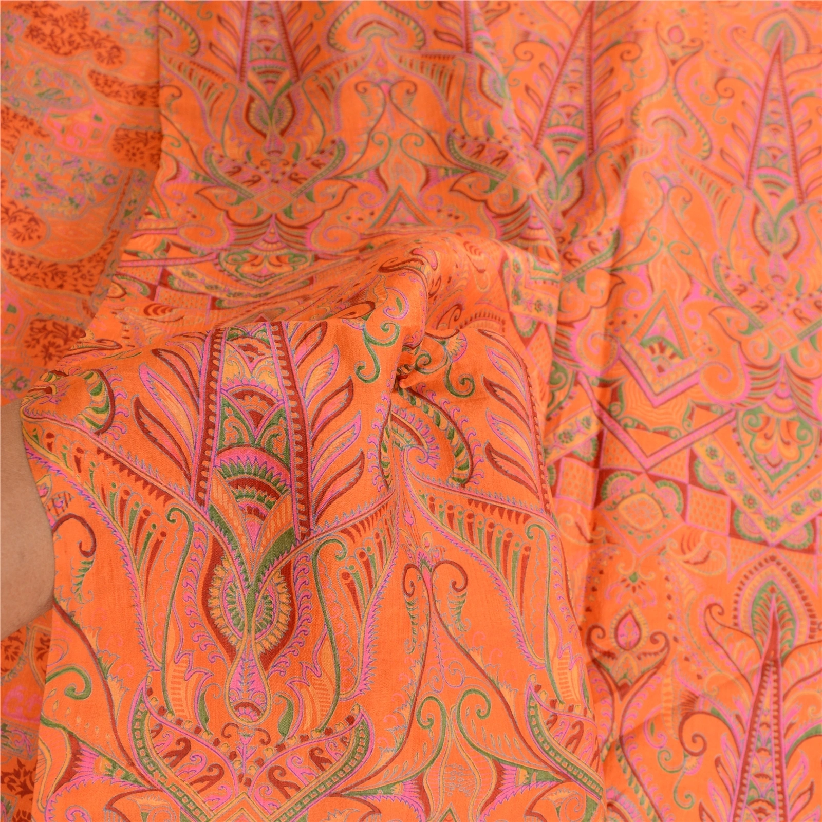 Sanskriti Vintage Orange Indian Sarees Printed Pure Silk Sari 5Yd Craft Fabric, PR-57685-Orange-Printed Floral Design-Pure Silk-5