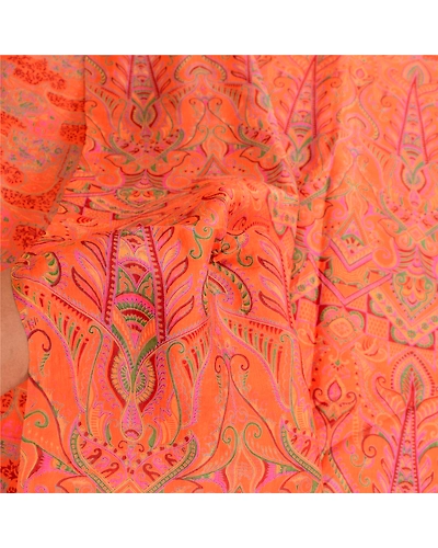 Sanskriti Vintage Orange Indian Sarees Printed Pure Silk Sari 5Yd Craft Fabric, PR-57685-Orange-Printed Floral Design-Pure Silk-5