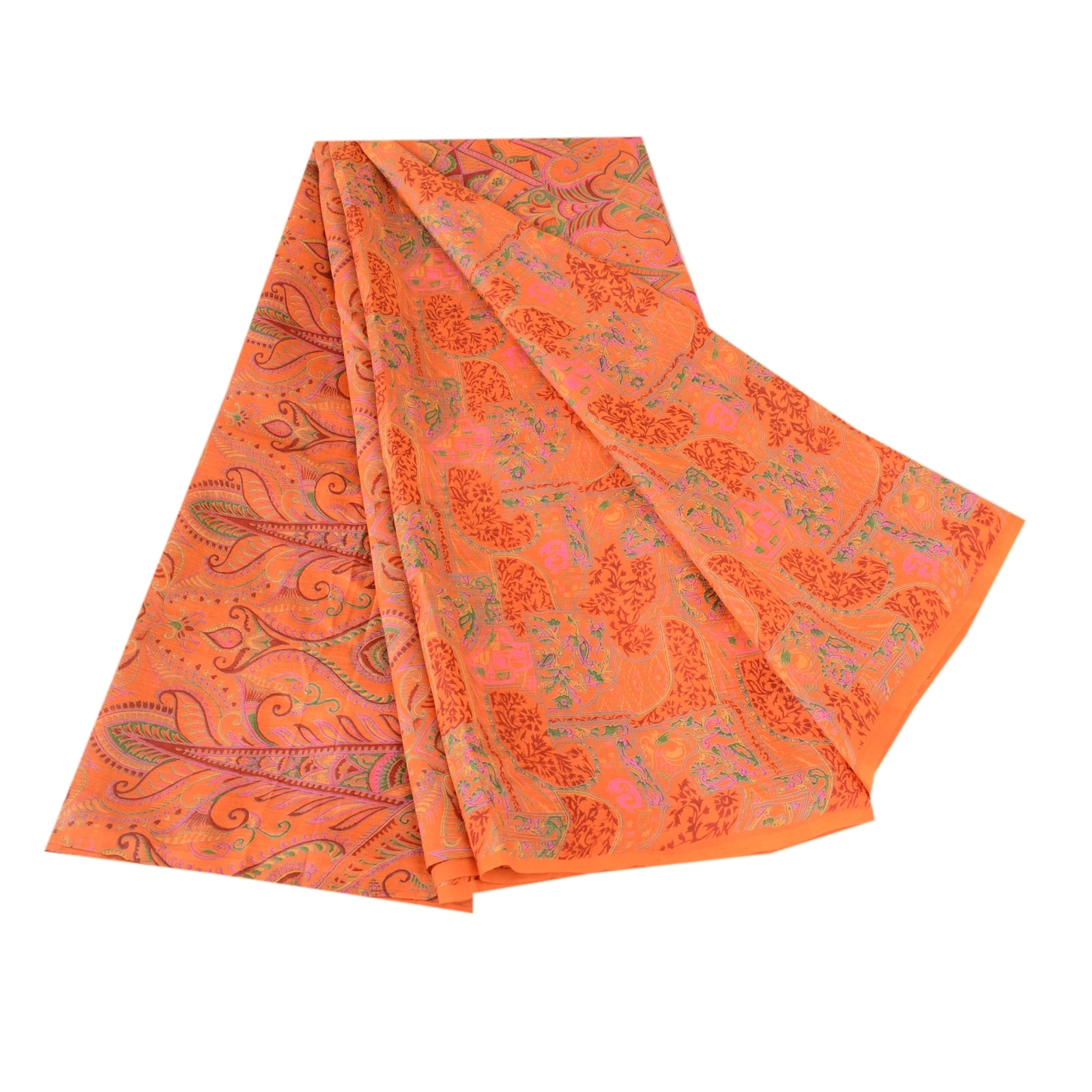 Sanskriti Vintage Orange Indian Sarees Printed Pure Silk Sari 5Yd Craft Fabric, PR-57685-Orange-Printed Floral Design-Pure Silk-6