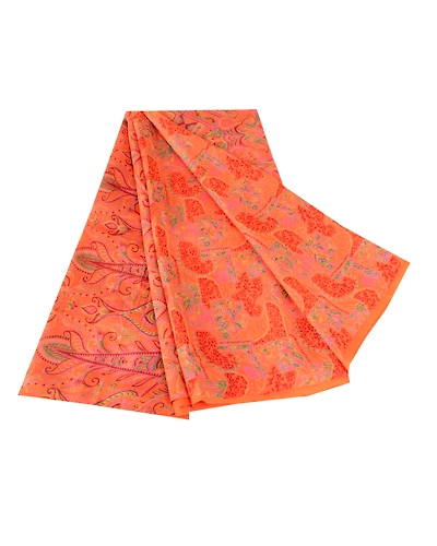 Sanskriti Vintage Orange Indian Sarees Printed Pure Silk Sari 5Yd Craft Fabric, PR-57685-Orange-Printed Floral Design-Pure Silk-6