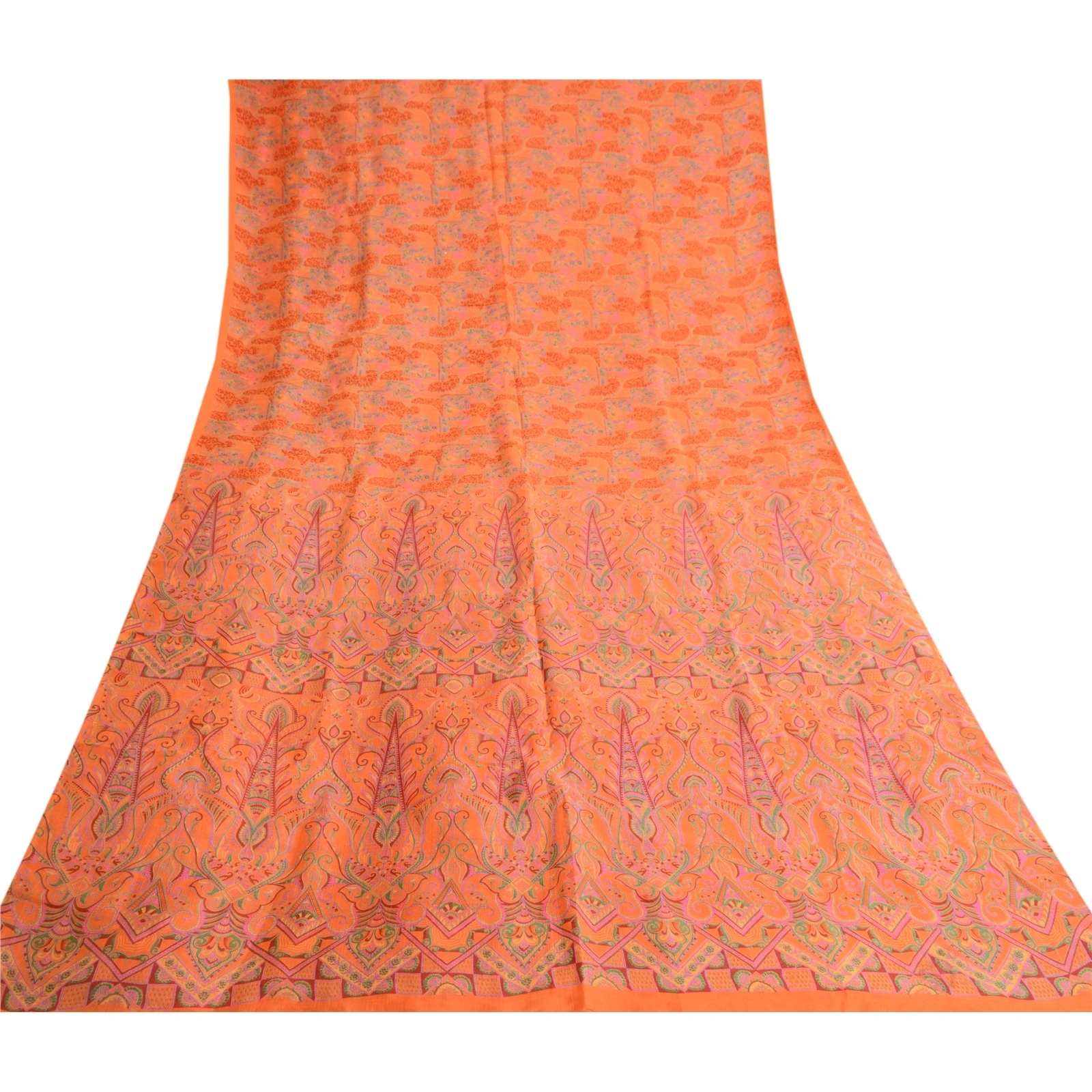 Sanskriti Vintage Orange Indian Sarees Printed Pure Silk Sari 5Yd Craft Fabric, PR-57685-Orange-Printed Floral Design-Pure Silk-7