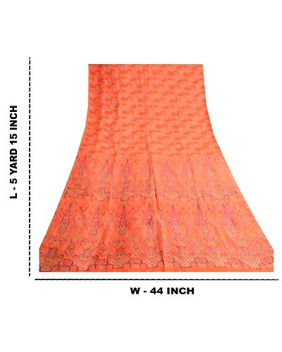 Sanskriti Vintage Orange Indian Sarees Printed Pure Silk Sari 5Yd Craft Fabric, PR-57685-Orange-Printed Floral Design-Pure Silk-8