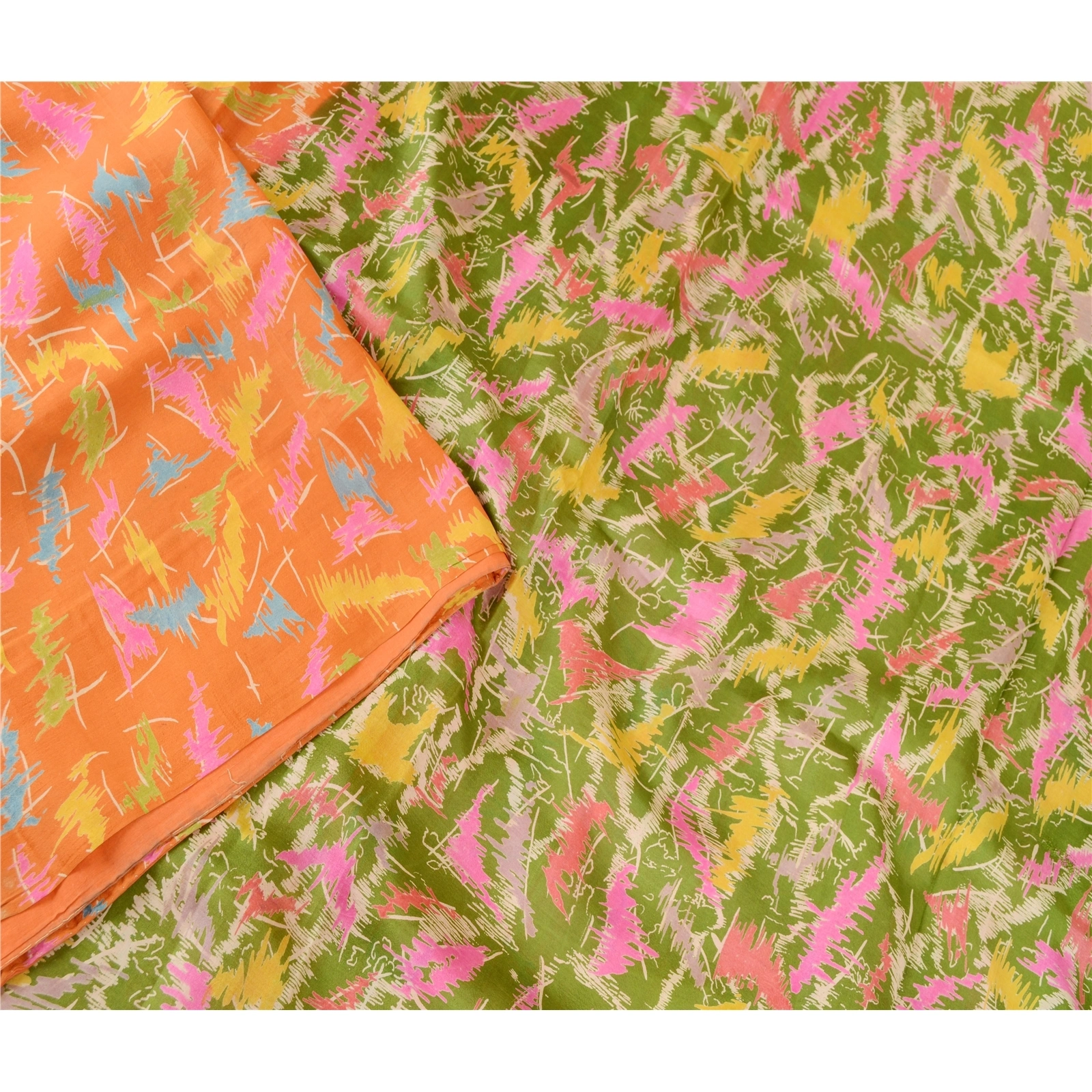 Sanskriti Vintage Orange Indian Sarees Printed 100% Pure Silk Sari Craft Fabric, PR-57697-Orange-Printed Floral Design-Pure Silk-2