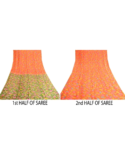 Sanskriti Vintage Orange Indian Sarees Printed 100% Pure Silk Sari Craft Fabric, PR-57697-Orange-Printed Floral Design-Pure Silk-4