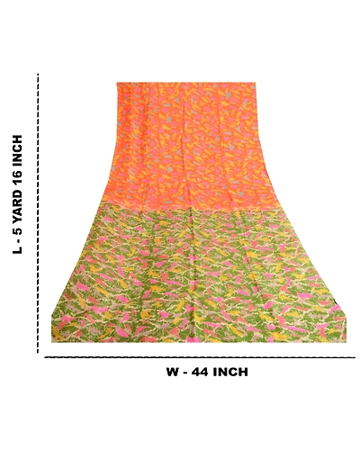 Sanskriti Vintage Orange Indian Sarees Printed 100% Pure Silk Sari Craft Fabric, PR-57697-Orange-Printed Floral Design-Pure Silk-8