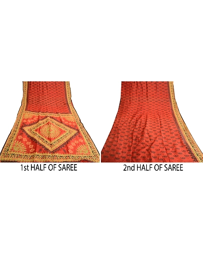 Sanskriti Vintage Rust Sarees 100% Pure Silk Printed/Painted Sari Craft Fabric, PR-57726-Rust-100% Pure Silk-4