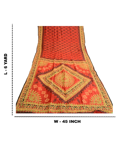 Sanskriti Vintage Rust Sarees 100% Pure Silk Printed/Painted Sari Craft Fabric, PR-57726-Rust-100% Pure Silk-8