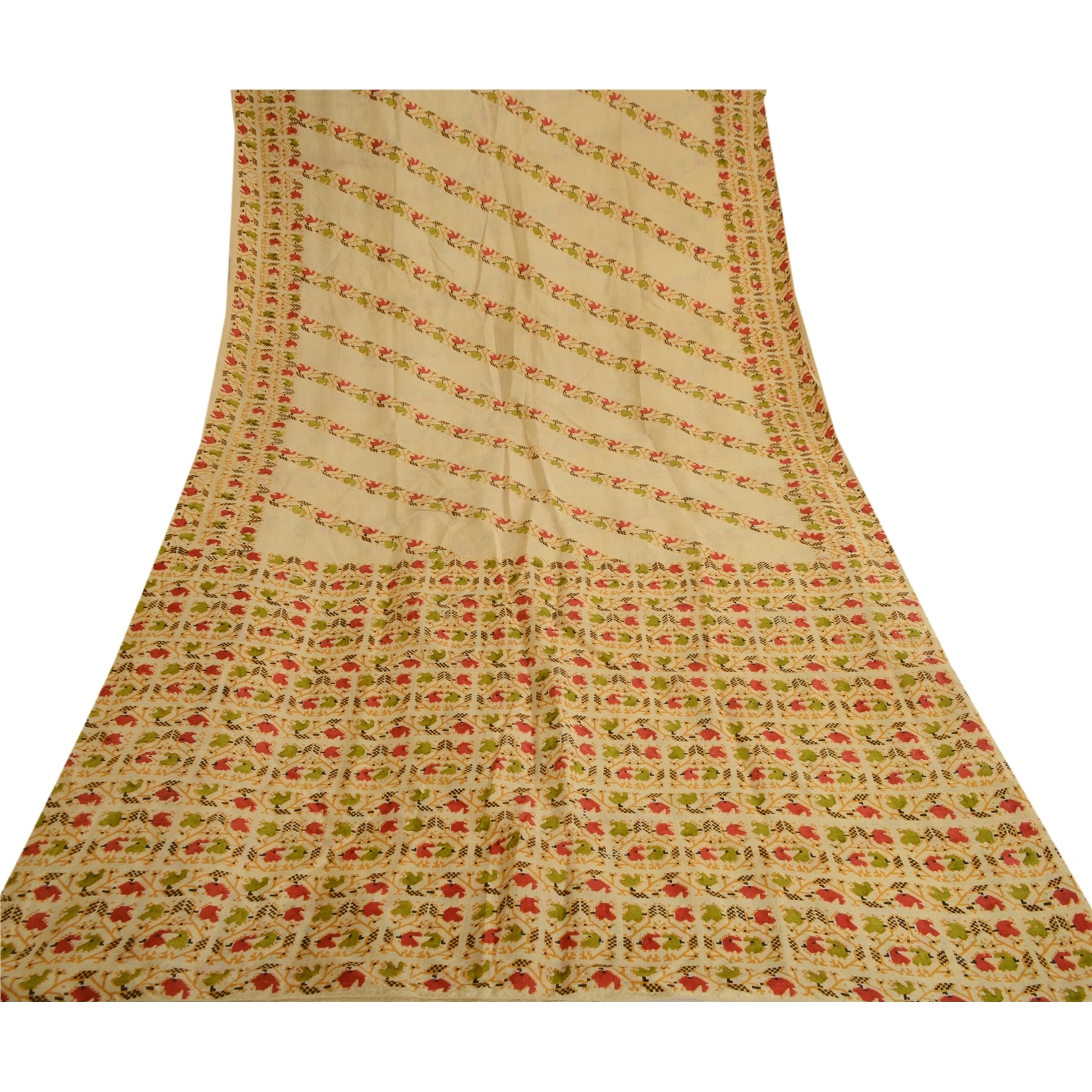 Sanskriti Vintage Cream Indian Sarees 100% Pure Silk Printed Sari Craft Fabric, PR-57727-Cream-100% Pure Silk-7