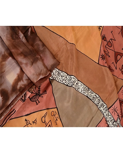 Sanskriti Vintage Brown Warli Art Printed Sarees Pure Silk Sari 5Yd Craft Fabric, PR-57761-Brown-Printed Floral Design-Pure Silk-1