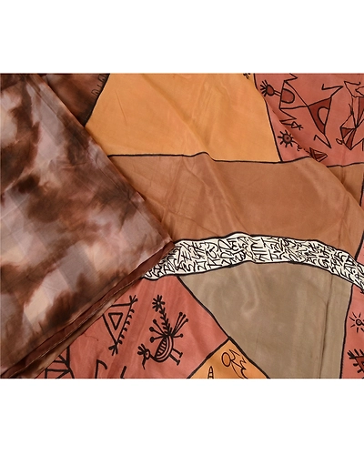 Sanskriti Vintage Brown Warli Art Printed Sarees Pure Silk Sari 5Yd Craft Fabric, PR-57761-Brown-Printed Floral Design-Pure Silk-2