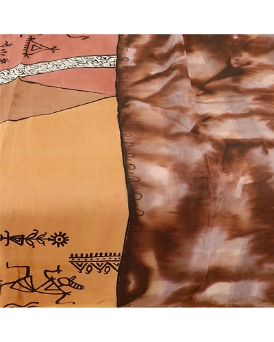 Sanskriti Vintage Brown Warli Art Printed Sarees Pure Silk Sari 5Yd Craft Fabric, PR-57761-Brown-Printed Floral Design-Pure Silk-3