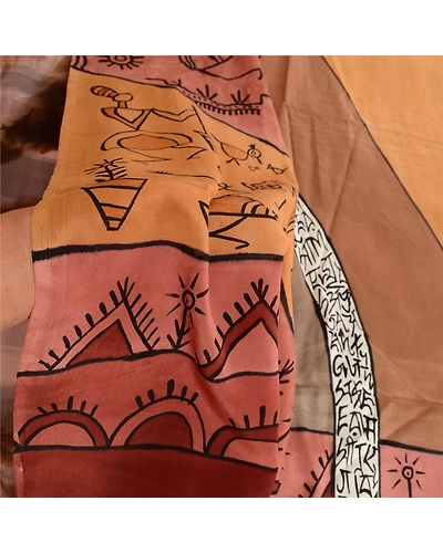 Sanskriti Vintage Brown Warli Art Printed Sarees Pure Silk Sari 5Yd Craft Fabric, PR-57761-Brown-Printed Floral Design-Pure Silk-5