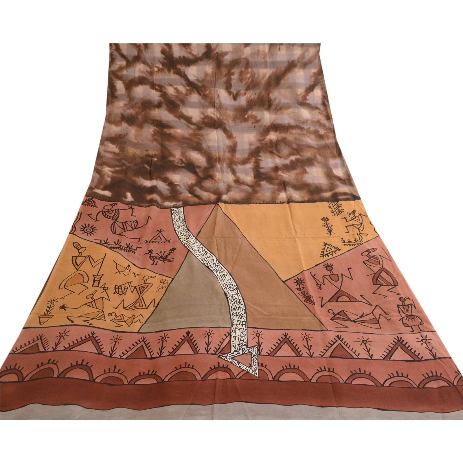 Sanskriti Vintage Brown Warli Art Printed Sarees Pure Silk Sari 5Yd Craft Fabric, PR-57761-Brown-Printed Floral Design-Pure Silk-7