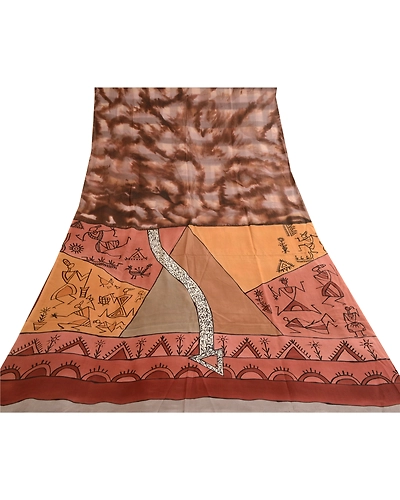 Sanskriti Vintage Brown Warli Art Printed Sarees Pure Silk Sari 5Yd Craft Fabric, PR-57761-Brown-Printed Floral Design-Pure Silk-7