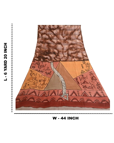 Sanskriti Vintage Brown Warli Art Printed Sarees Pure Silk Sari 5Yd Craft Fabric, PR-57761-Brown-Printed Floral Design-Pure Silk-8