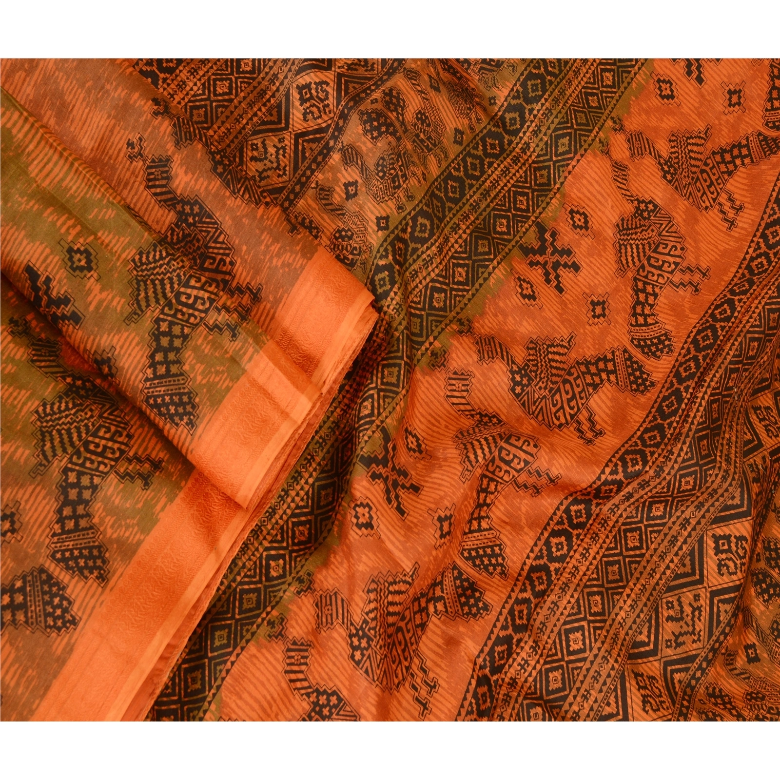 Sanskriti Vintage Orange Sarees Pure Silk Peacock Printed Sari 5Yd Craft Fabric, PR-57797-Orange-Printed Floral Design-Pure Silk-1