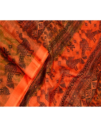 Sanskriti Vintage Orange Sarees Pure Silk Peacock Printed Sari 5Yd Craft Fabric, PR-57797-Orange-Printed Floral Design-Pure Silk-1