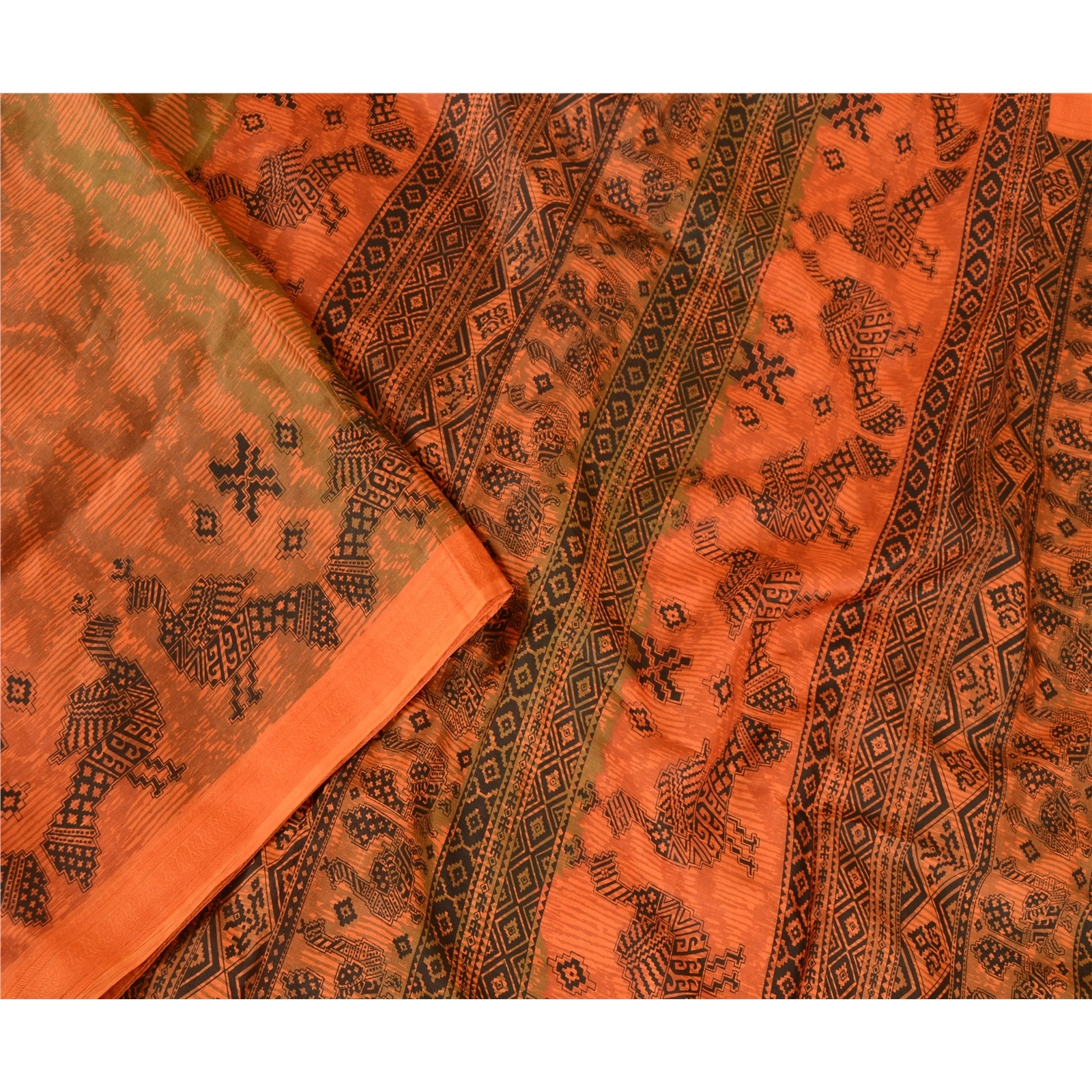 Sanskriti Vintage Orange Sarees Pure Silk Peacock Printed Sari 5Yd Craft Fabric, PR-57797-Orange-Printed Floral Design-Pure Silk-2