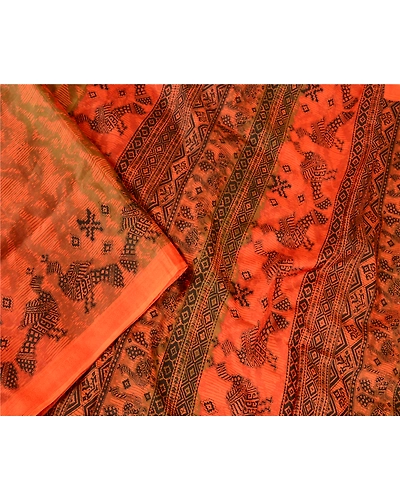 Sanskriti Vintage Orange Sarees Pure Silk Peacock Printed Sari 5Yd Craft Fabric, PR-57797-Orange-Printed Floral Design-Pure Silk-2