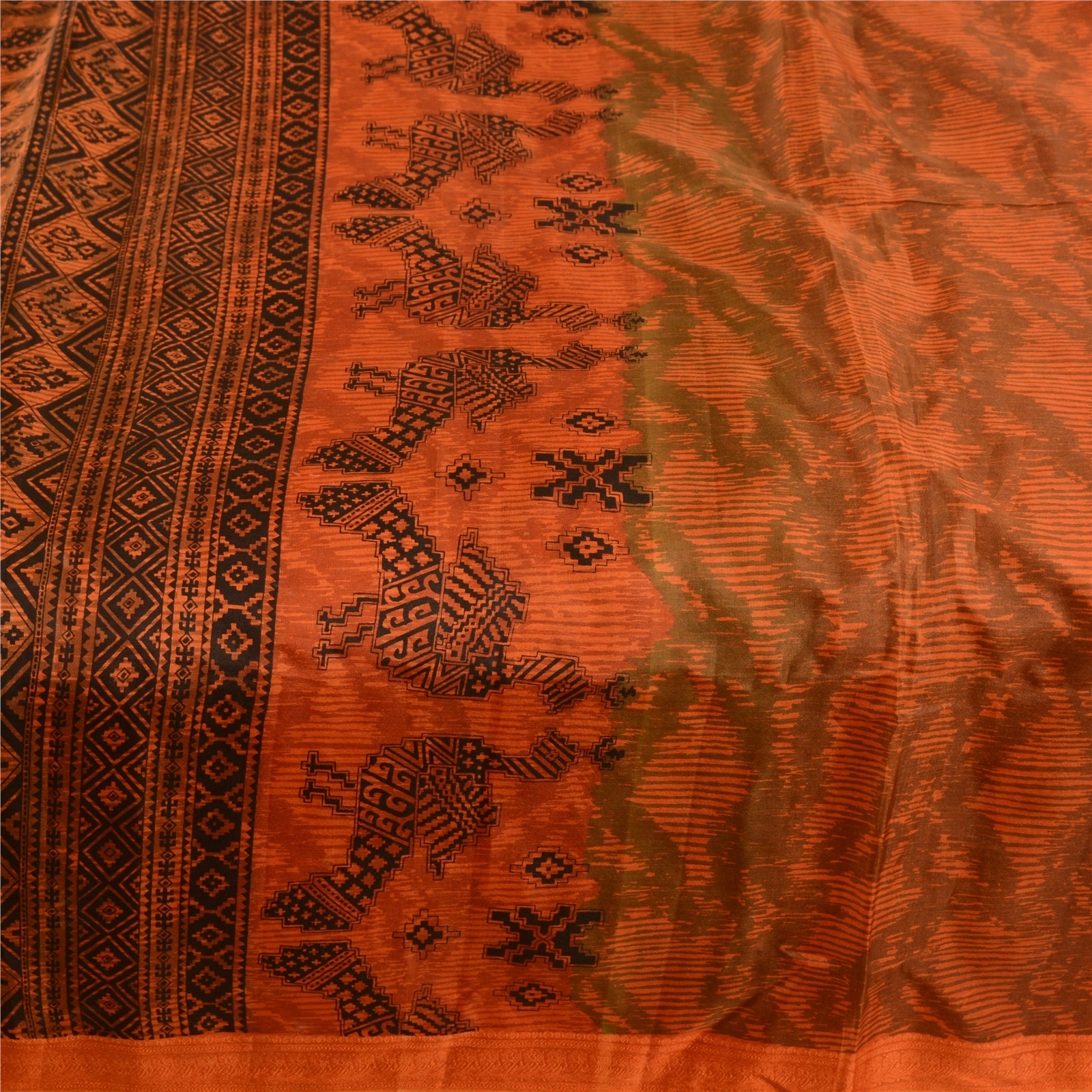 Sanskriti Vintage Orange Sarees Pure Silk Peacock Printed Sari 5Yd Craft Fabric, PR-57797-Orange-Printed Floral Design-Pure Silk-3