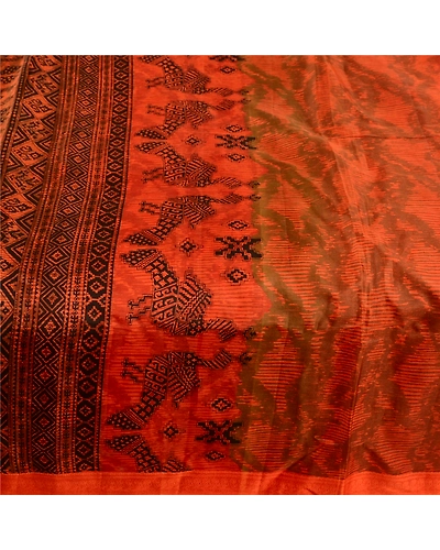 Sanskriti Vintage Orange Sarees Pure Silk Peacock Printed Sari 5Yd Craft Fabric, PR-57797-Orange-Printed Floral Design-Pure Silk-3