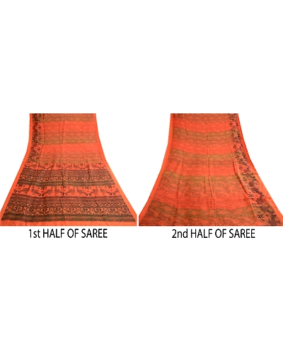 Sanskriti Vintage Orange Sarees Pure Silk Peacock Printed Sari 5Yd Craft Fabric, PR-57797-Orange-Printed Floral Design-Pure Silk-4