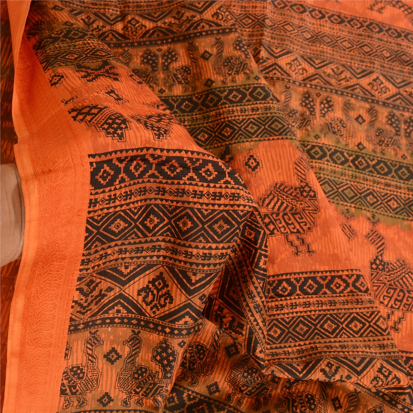 Sanskriti Vintage Orange Sarees Pure Silk Peacock Printed Sari 5Yd Craft Fabric, PR-57797-Orange-Printed Floral Design-Pure Silk-5