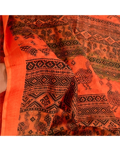 Sanskriti Vintage Orange Sarees Pure Silk Peacock Printed Sari 5Yd Craft Fabric, PR-57797-Orange-Printed Floral Design-Pure Silk-5