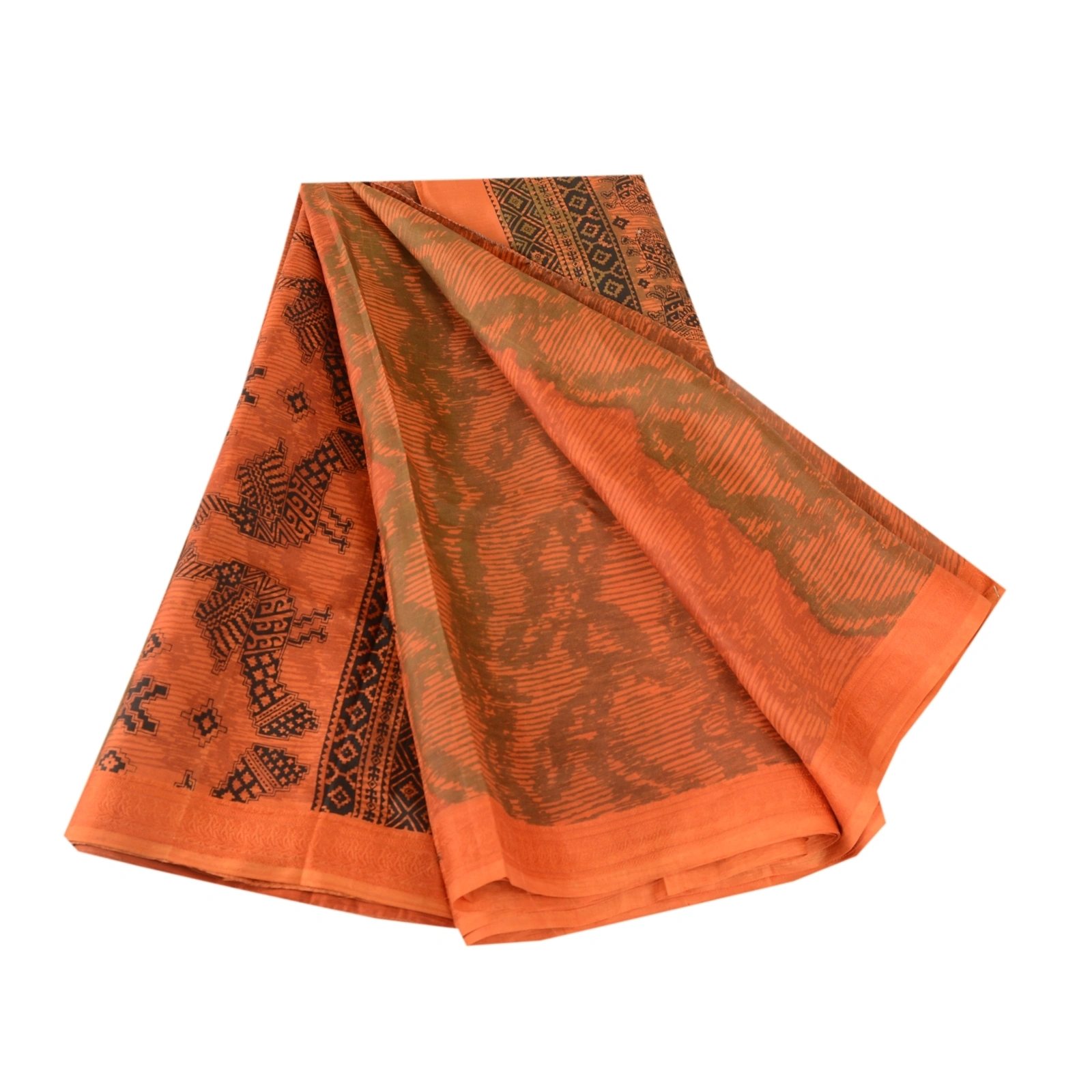 Sanskriti Vintage Orange Sarees Pure Silk Peacock Printed Sari 5Yd Craft Fabric, PR-57797-Orange-Printed Floral Design-Pure Silk-6