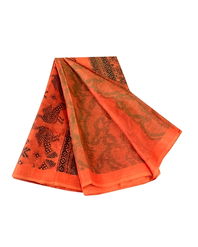 Sanskriti Vintage Orange Sarees Pure Silk Peacock Printed Sari 5Yd Craft Fabric, PR-57797-Orange-Printed Floral Design-Pure Silk-6
