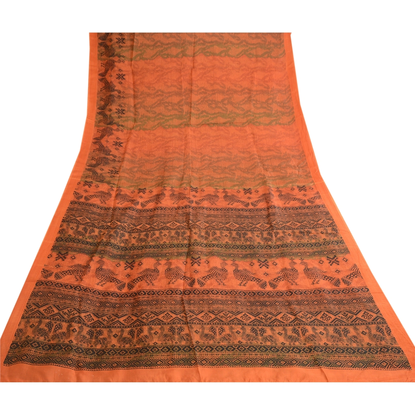 Sanskriti Vintage Orange Sarees Pure Silk Peacock Printed Sari 5Yd Craft Fabric, PR-57797-Orange-Printed Floral Design-Pure Silk-7