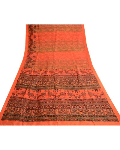 Sanskriti Vintage Orange Sarees Pure Silk Peacock Printed Sari 5Yd Craft Fabric, PR-57797-Orange-Printed Floral Design-Pure Silk-7